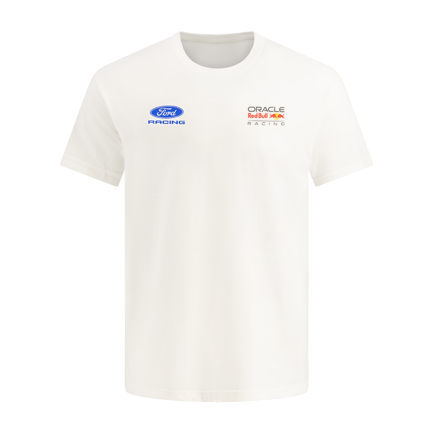 ford racing and red bull oracle racing logos on white t-shirt